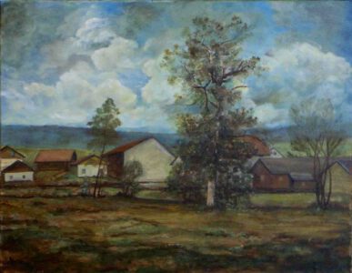 Bauernhaus mit Mühle und Eiche im Vordergrund. In Mödlsbach Sulzbachtal